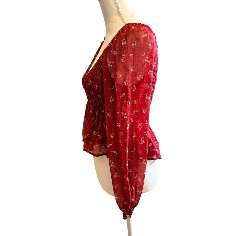 American Eagle Puff Sleeve Top Blouse Floral Ditsy Baby Doll Boho Smocked Size S - Picture 3 of 9